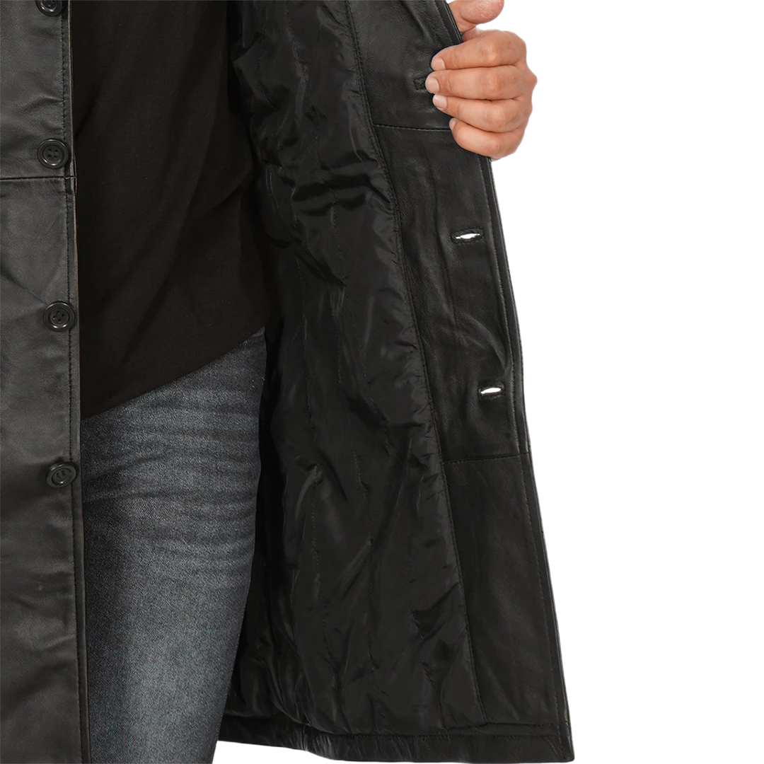 Men's Black 3/4 Length Real Leather Car Coat