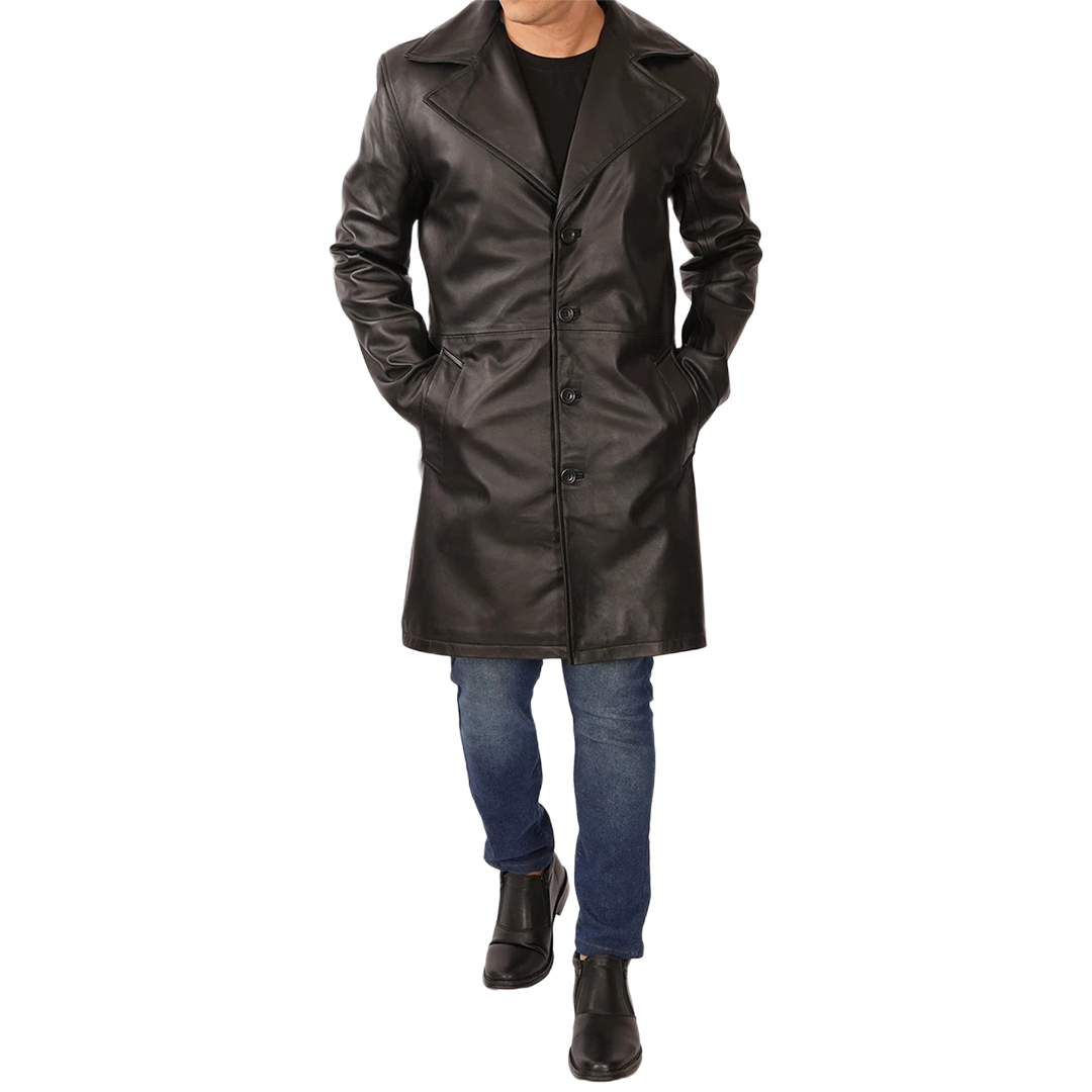 Men's Black 3/4 Length Real Leather Car Coat