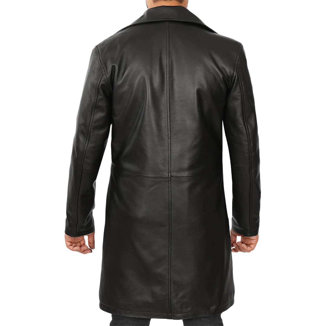 Men's Black 3/4 Length Real Leather Car Coat