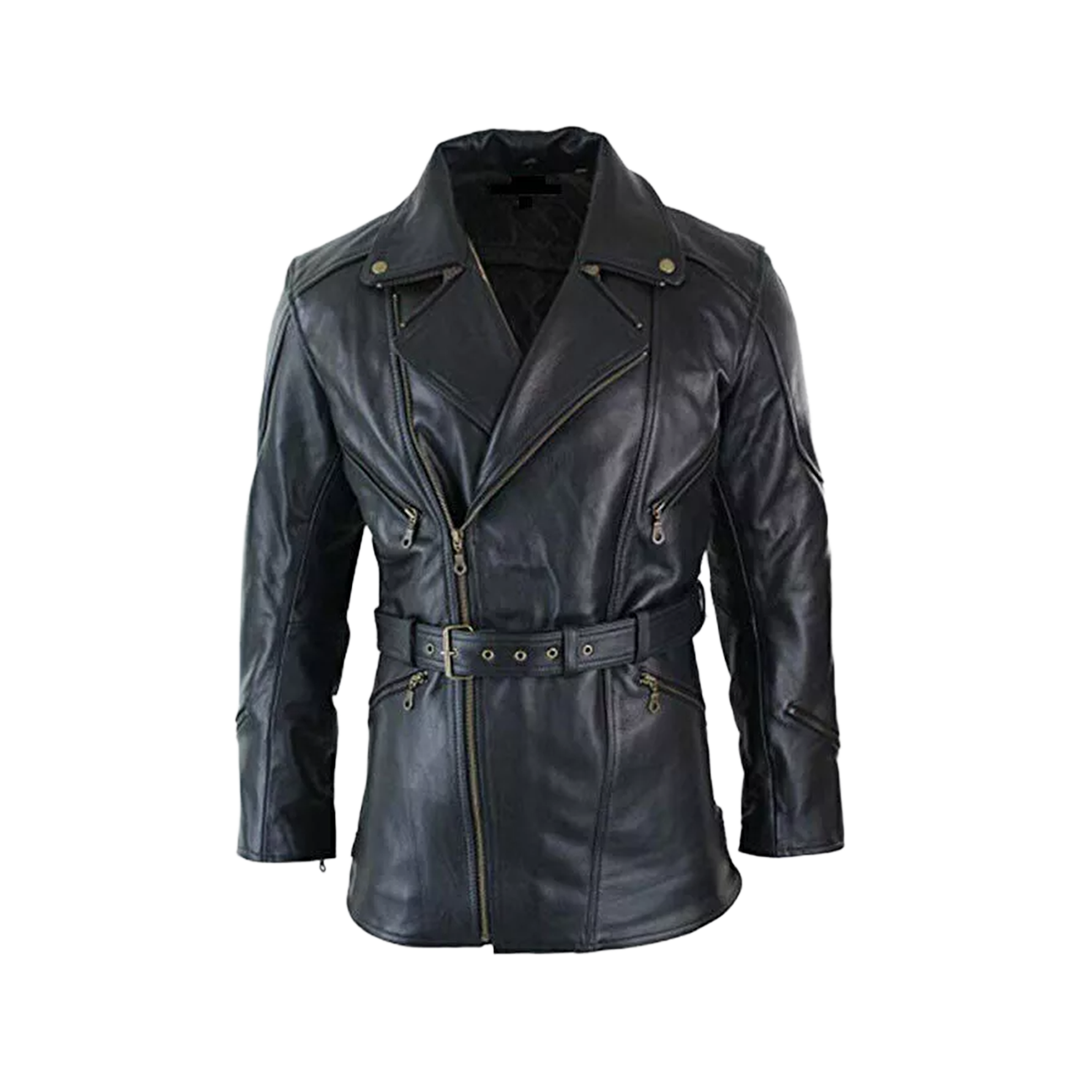 Men's Black 3/4 Motorcycle Biker Long Lambskin Leather Jacket/Coat