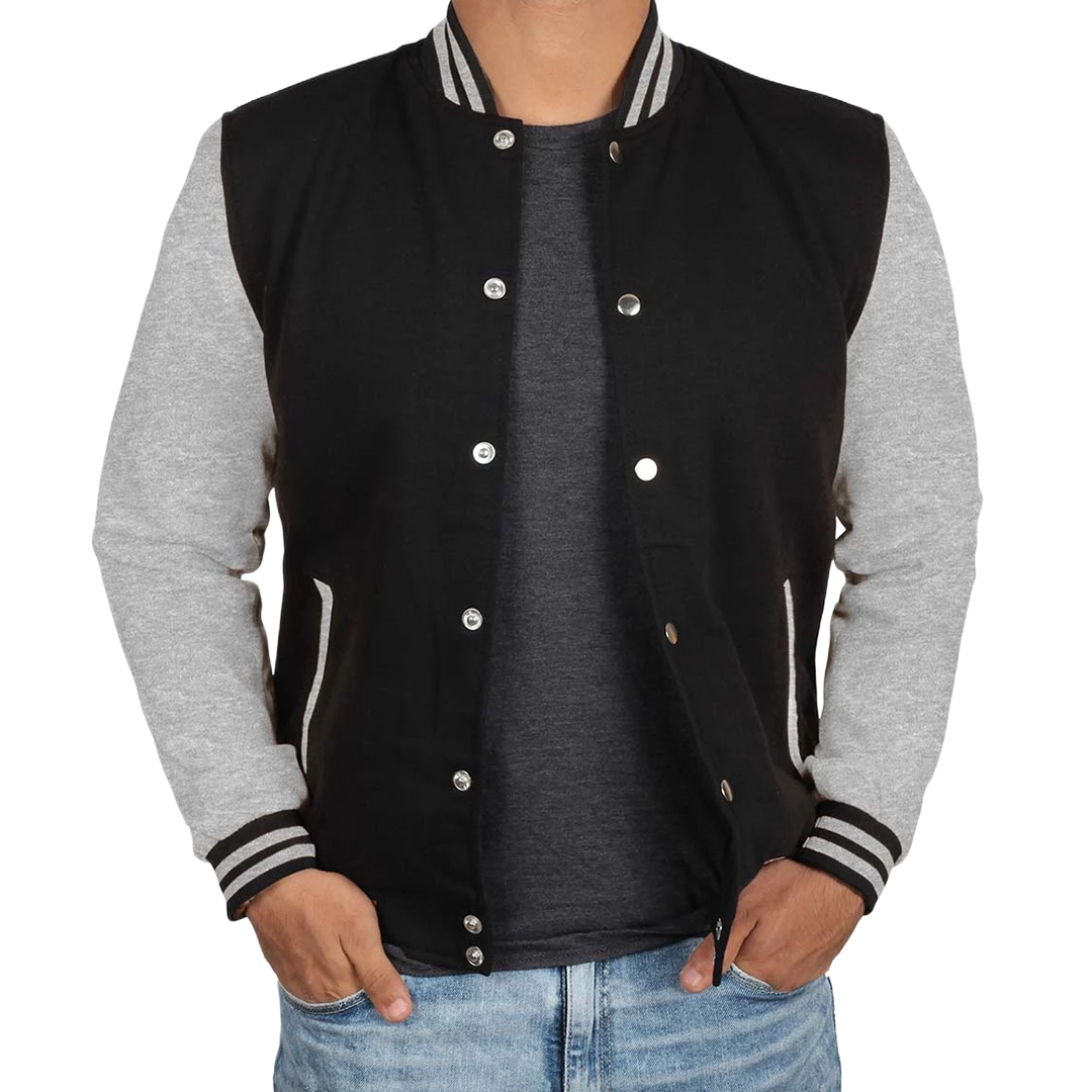 Men's Black and Grey Varsity Bomber Jacket