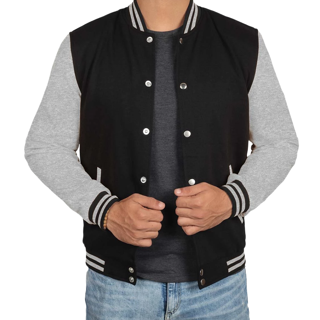 Men's Black and Grey Varsity Bomber Jacket