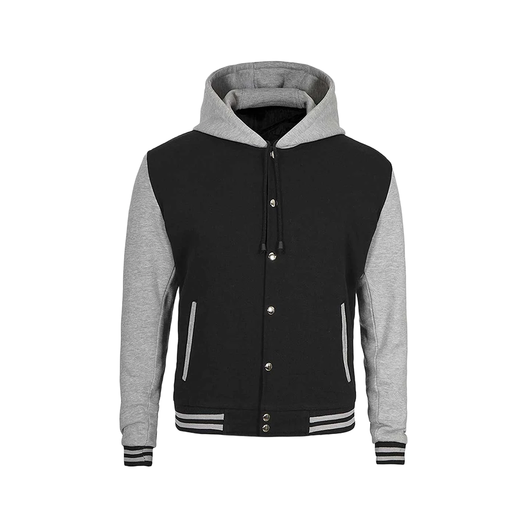 Men's Black and Grey Varsity Jacket with Hood - Letterman Style