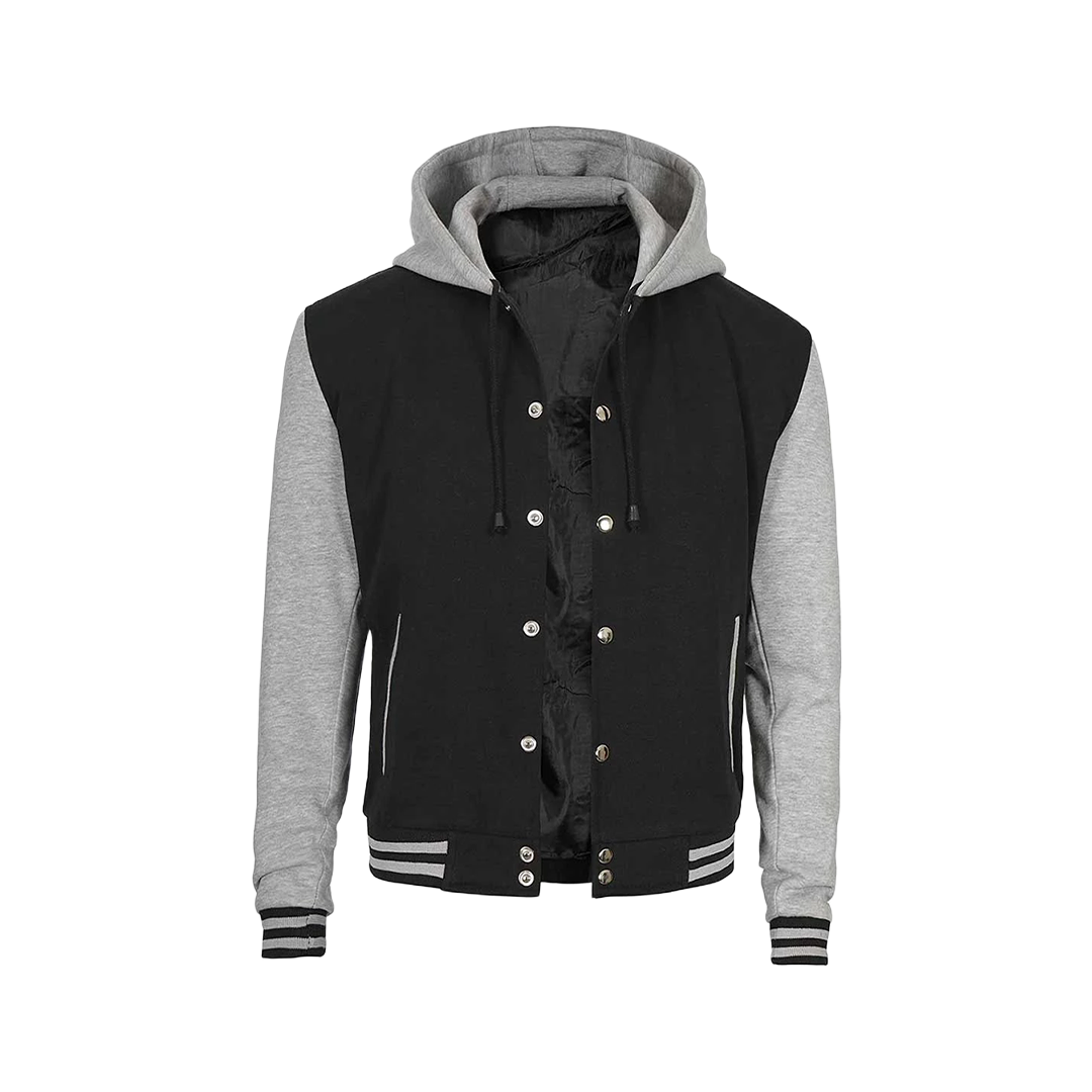 Men's Black and Grey Varsity Jacket with Hood - Letterman Style