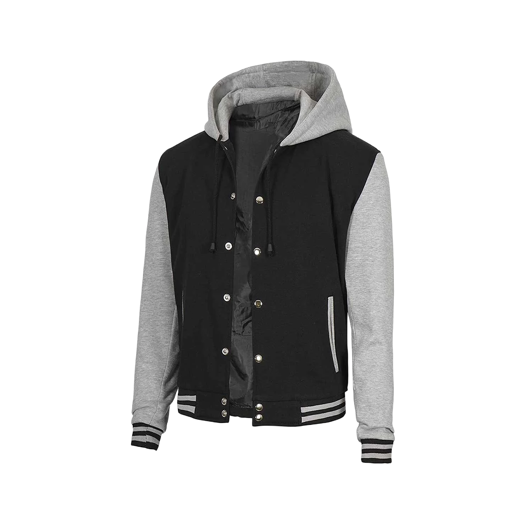 Men's Black and Grey Varsity Jacket with Hood - Letterman Style