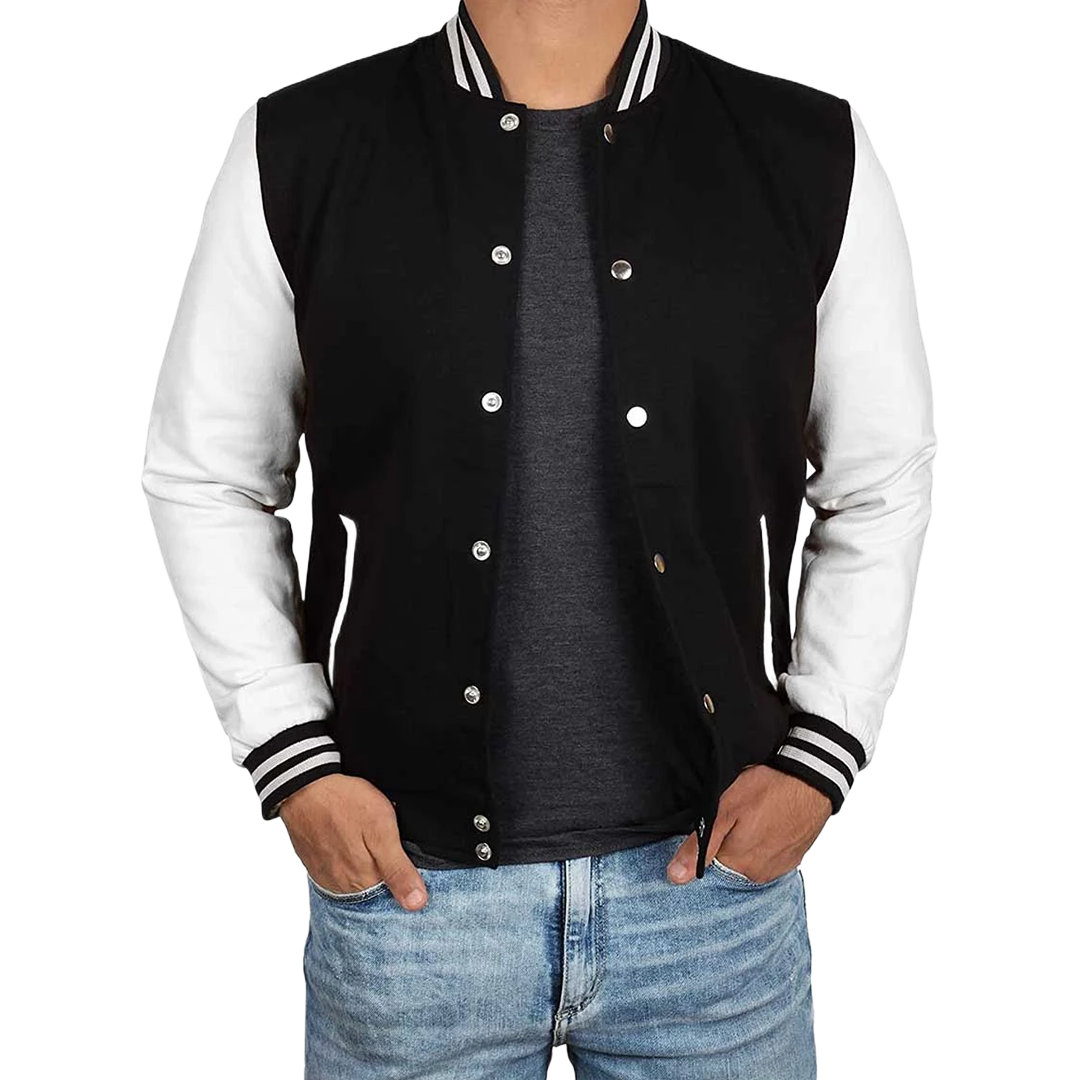 Men's Black and White Varsity Jacket - College Baseball Style
