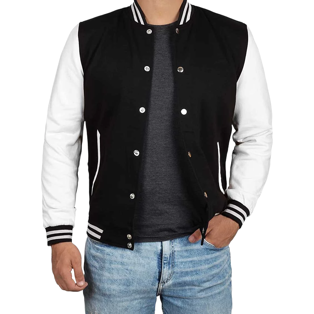 Men's Black and White Varsity Jacket - College Baseball Style