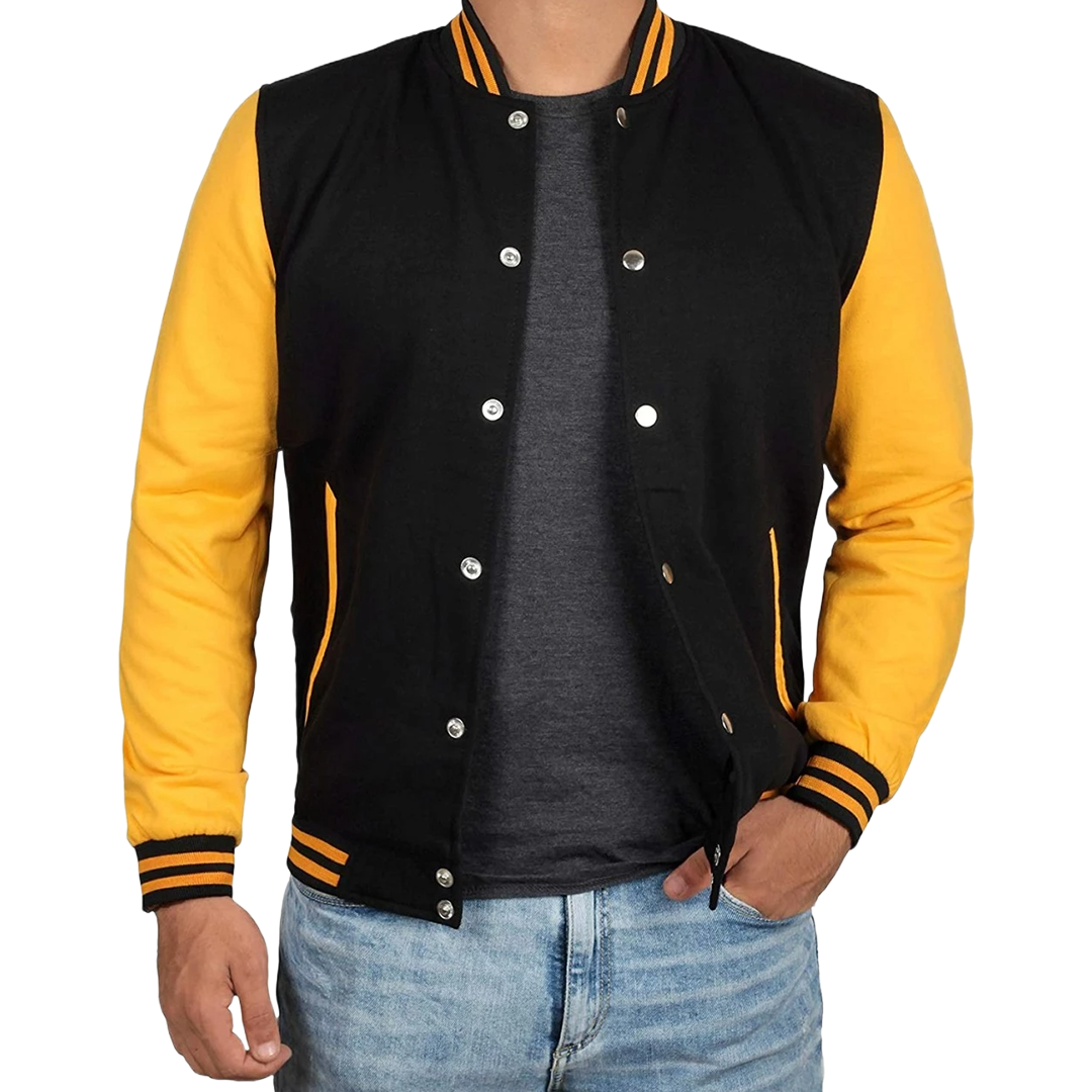 Men's Black and Yellow Varsity Bomber Jacket - Baseball Letterman Style