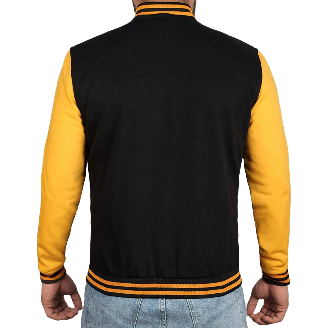 Men's Black and Yellow Varsity Bomber Jacket - Baseball Letterman Style