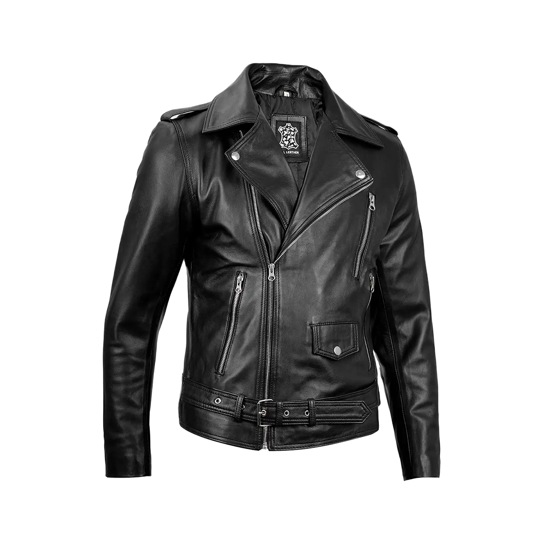 Men's Black Belted Moto Leather Jacket - Biker Style