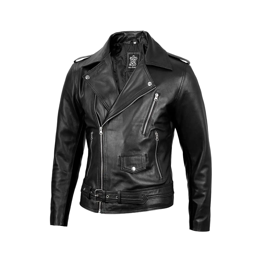 Men's Black Belted Moto Leather Jacket - Biker Style