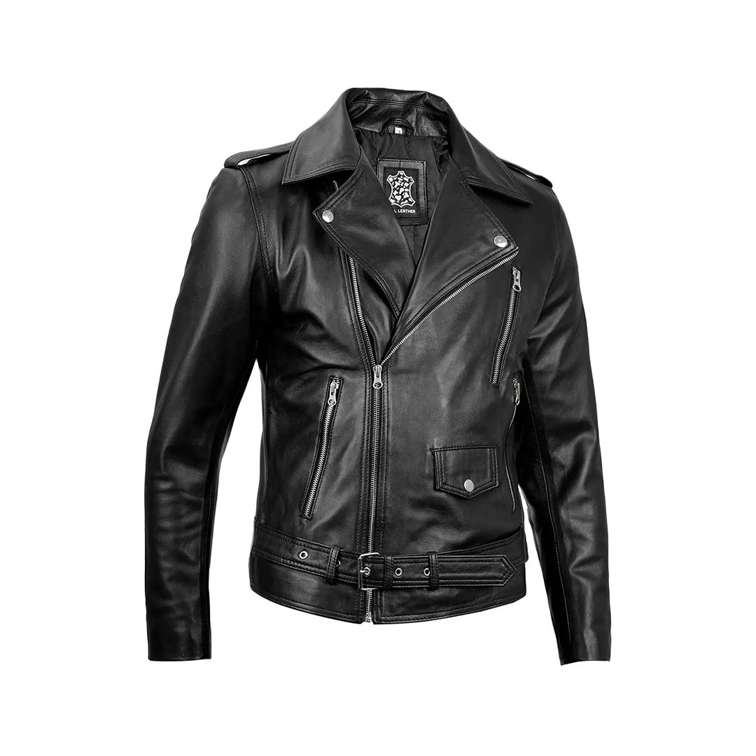 Men's Black Belted Moto Leather Jacket - Biker Style