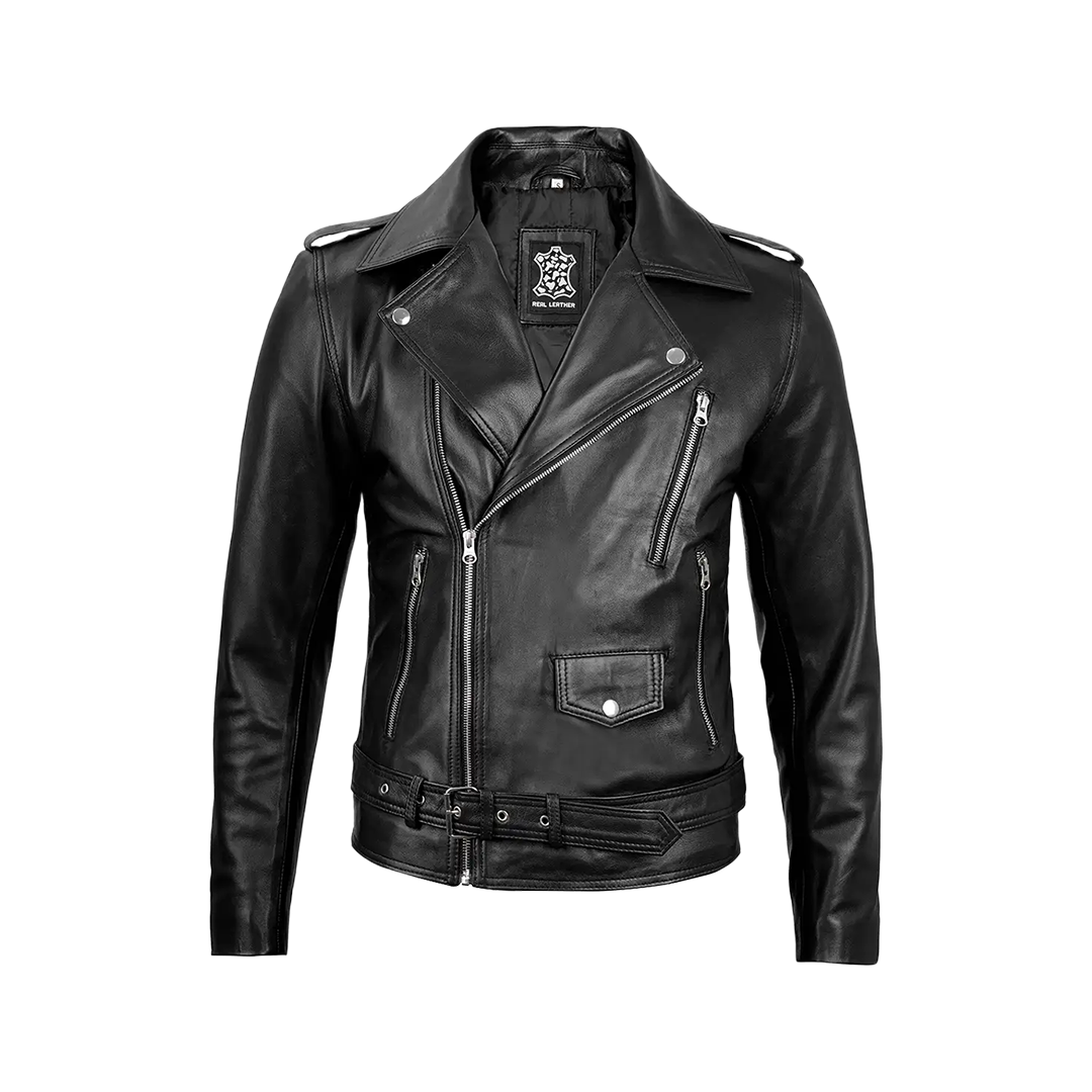 Men's Black Belted Moto Leather Jacket - Biker Style
