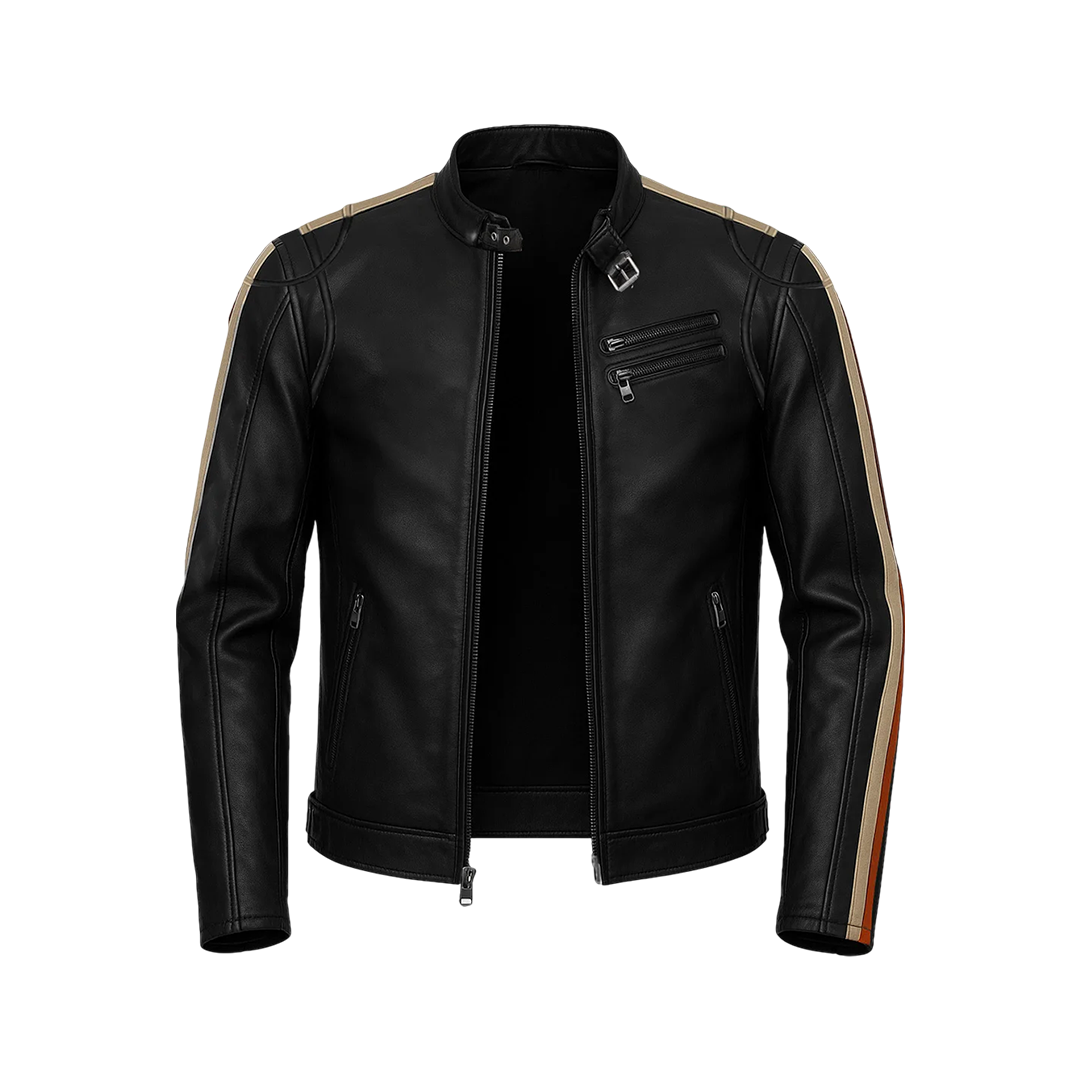 Men’s Black Biker Leather Jacket with Double Contrast Shoulder Stripes