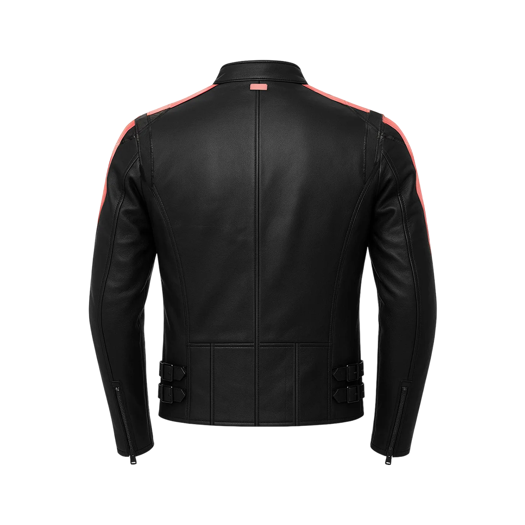 Men’s Black Biker Leather Jacket with Double Contrast Shoulder Stripes