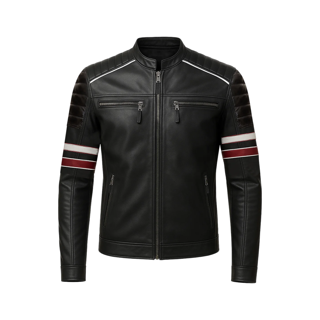 Men’s Black Cafe Racer Leather Jacket with Red & White Racing Stripes