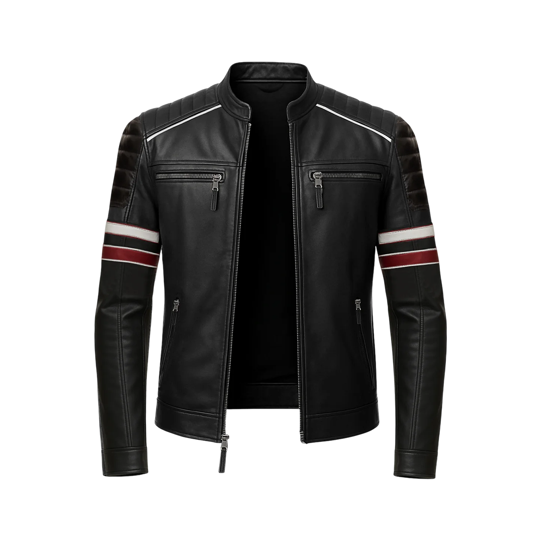 Men’s Black Cafe Racer Leather Jacket with Red & White Racing Stripes