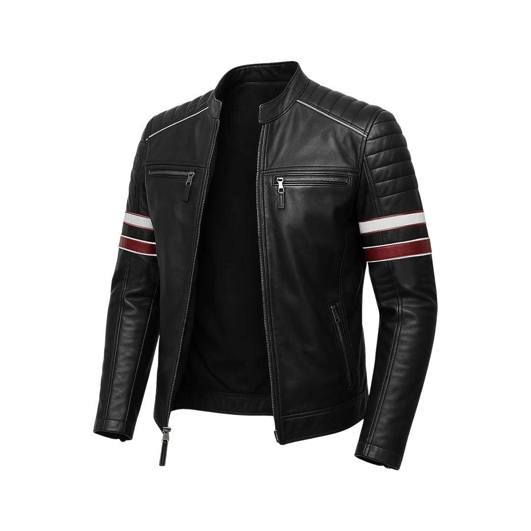 Men’s Black Cafe Racer Leather Jacket with Red & White Racing Stripes