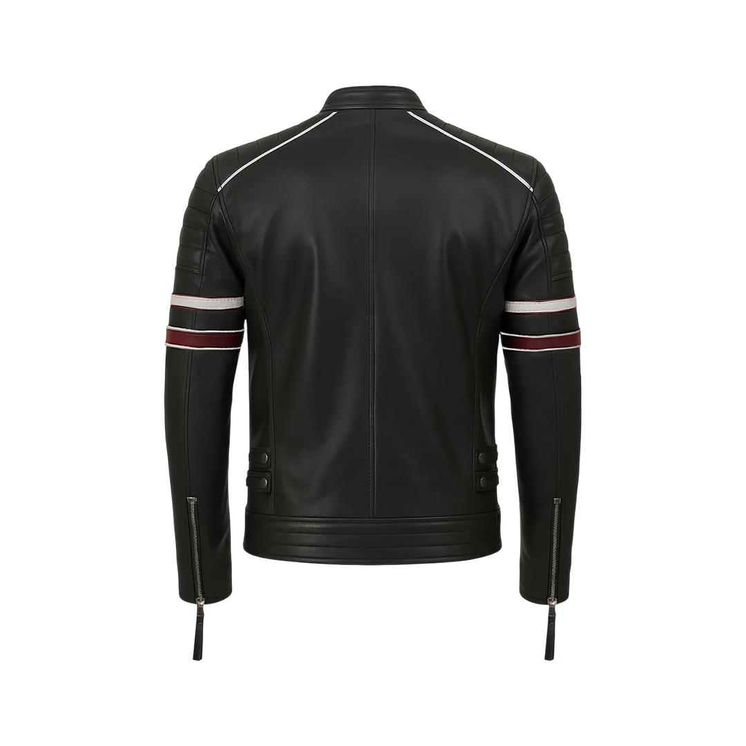 Men’s Black Cafe Racer Leather Jacket with Red & White Racing Stripes