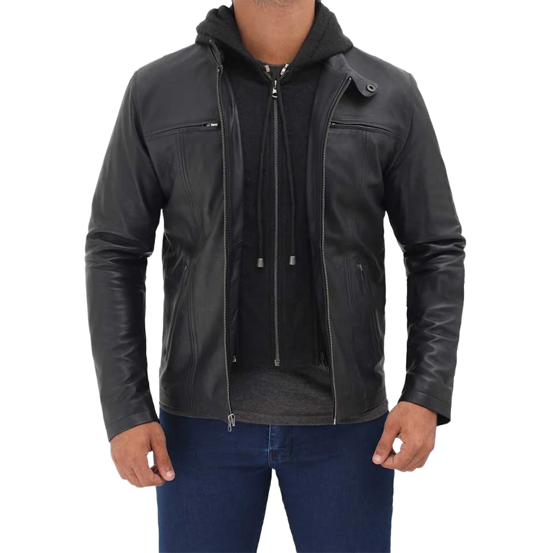 Men's Black Cafe Racer Leather Jacket with Removable Hood