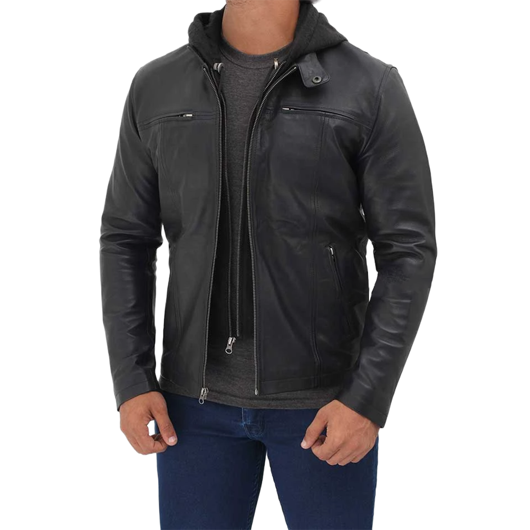Men's Black Cafe Racer Leather Jacket with Removable Hood