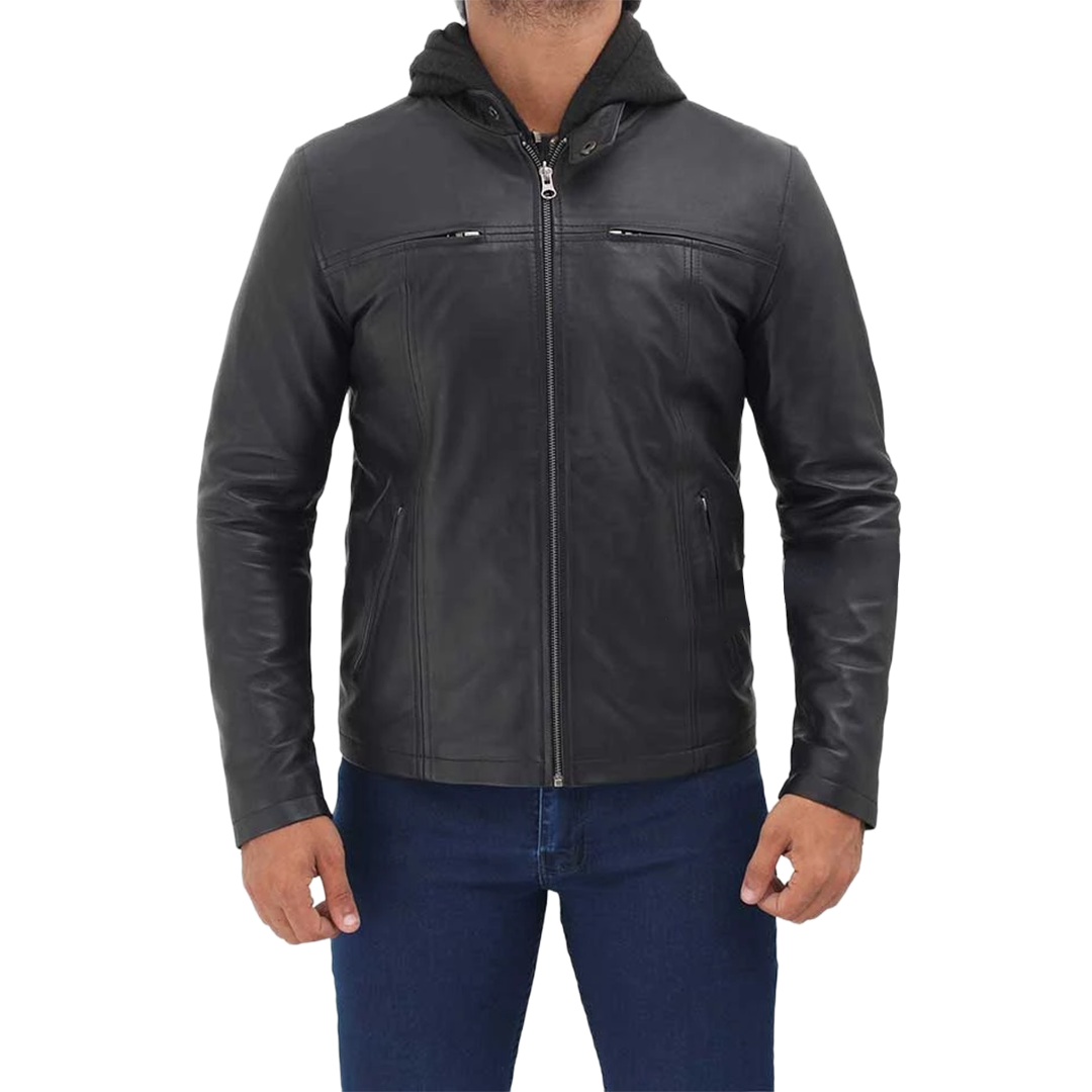 Men's Black Cafe Racer Leather Jacket with Removable Hood