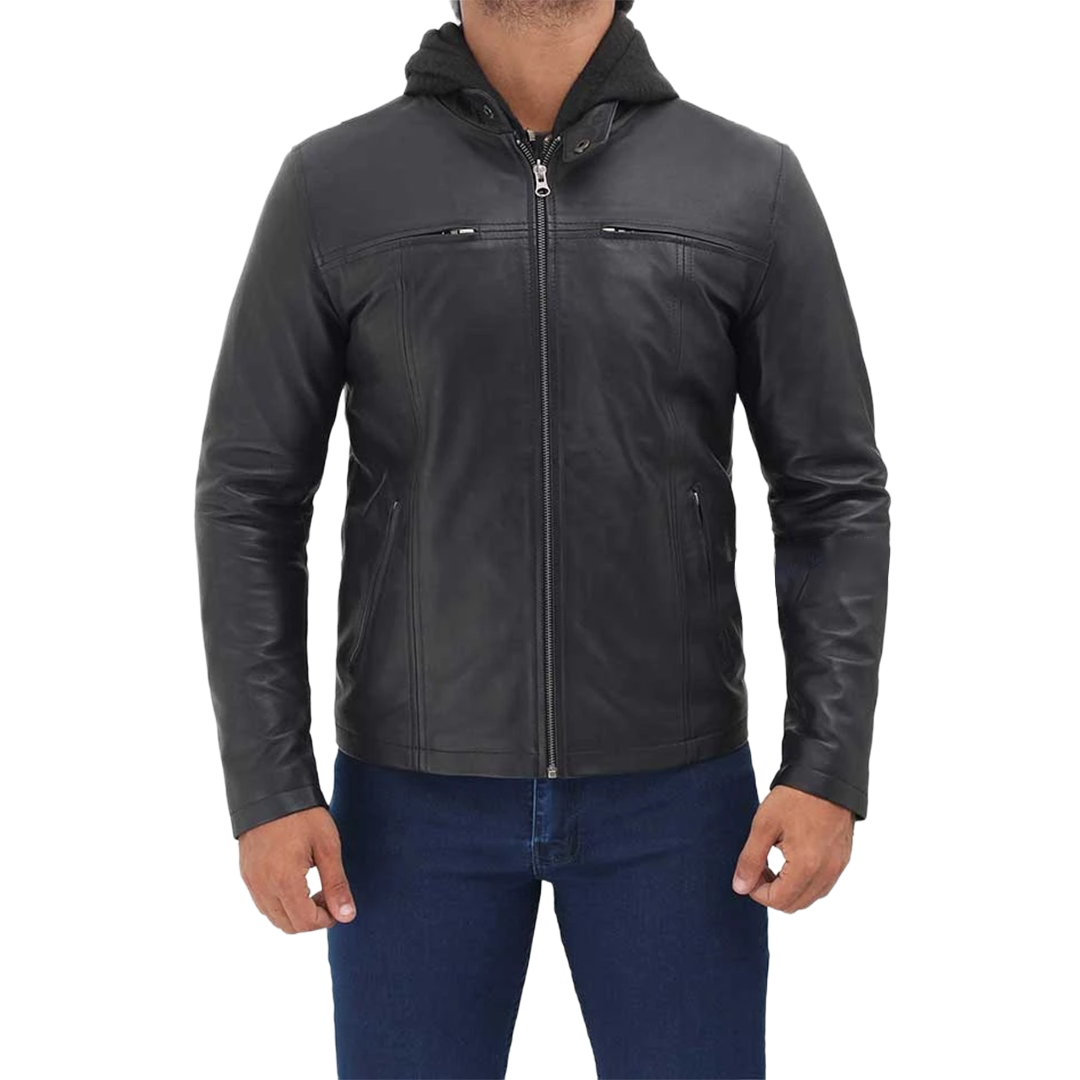 Men's Black Cafe Racer Leather Jacket with Removable Hood
