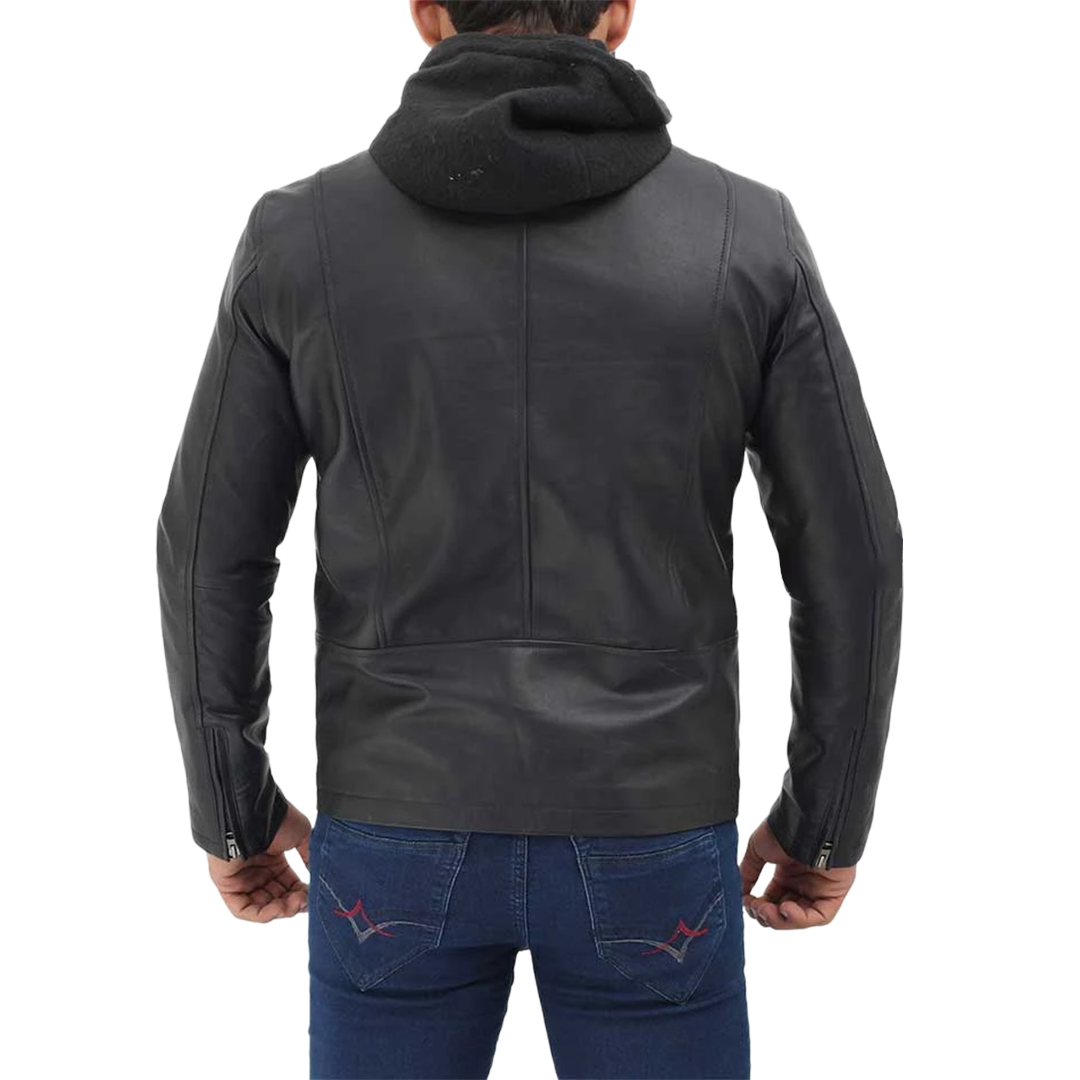 Men's Black Cafe Racer Leather Jacket with Removable Hood