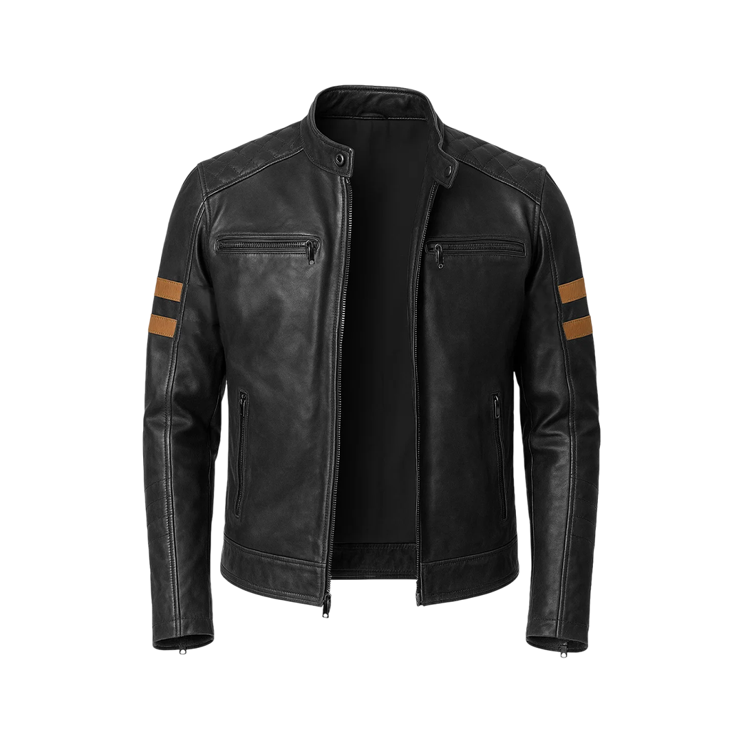Men’s Black Cafe Racer Leather Jacket with Tan Accent Stripes