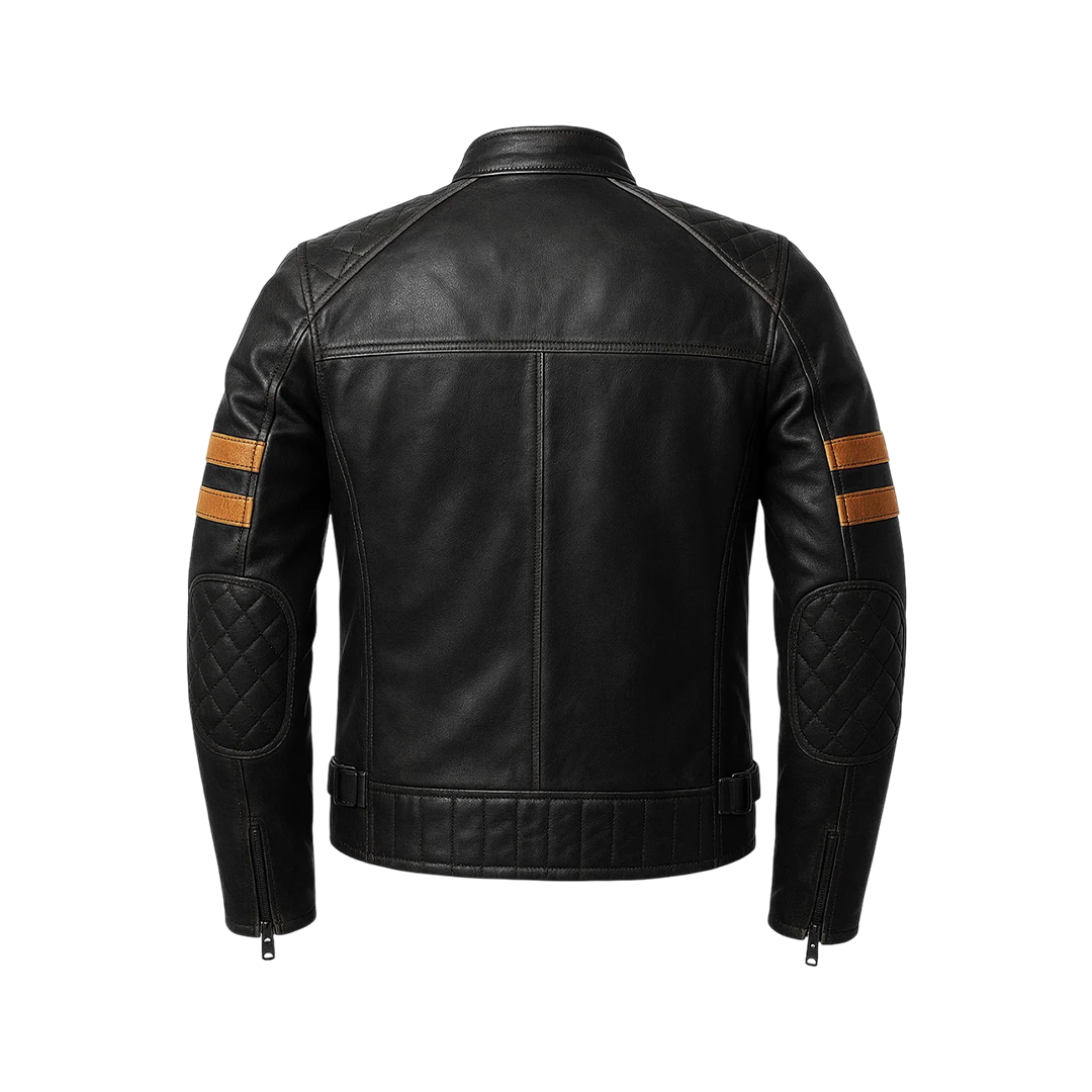 Men’s Black Cafe Racer Leather Jacket with Tan Accent Stripes