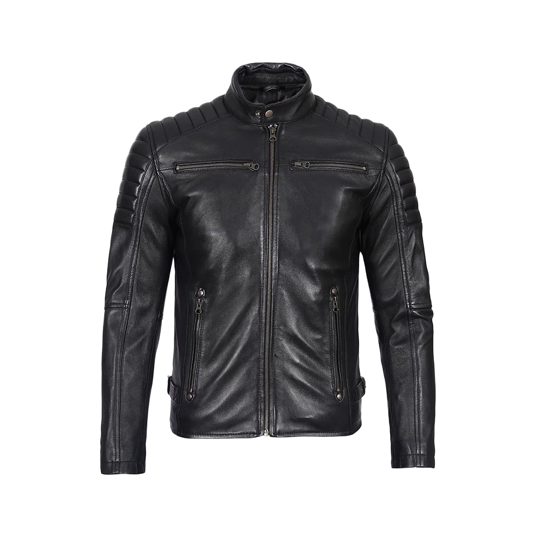 Men's Black Cafe Racer Padded Shoulders Real Leather Jacket