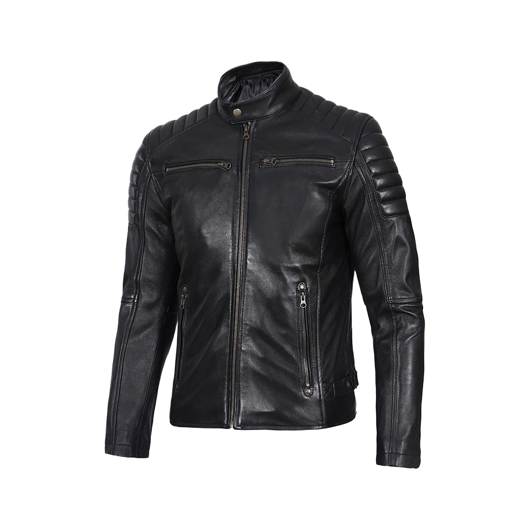 Men's Black Cafe Racer Padded Shoulders Real Leather Jacket