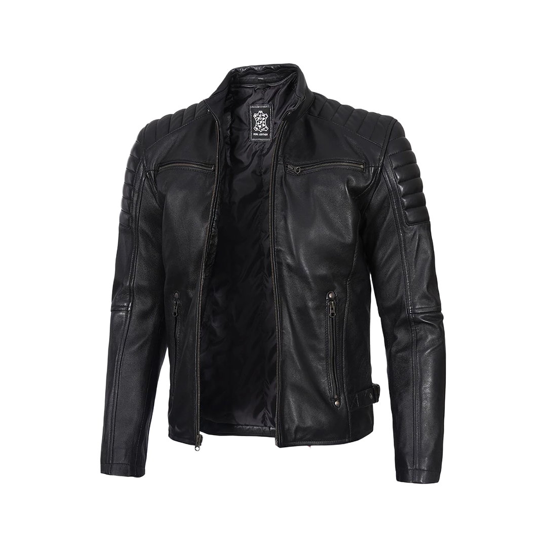 Men's Black Cafe Racer Padded Shoulders Real Leather Jacket