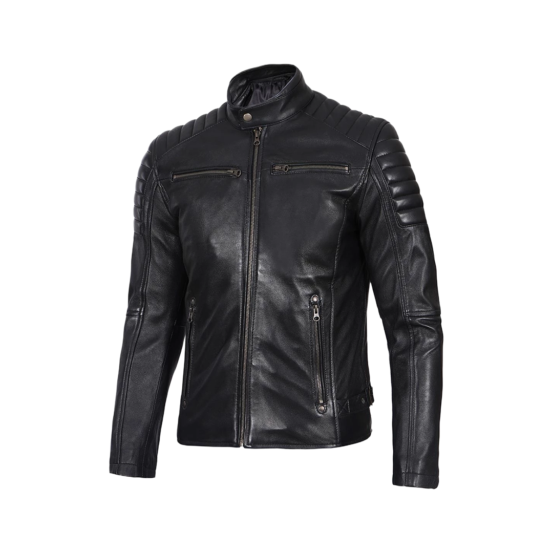 Men's Black Cafe Racer Padded Shoulders Real Leather Jacket