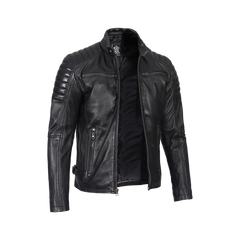 Men's Black Cafe Racer Padded Shoulders Real Leather Jacket