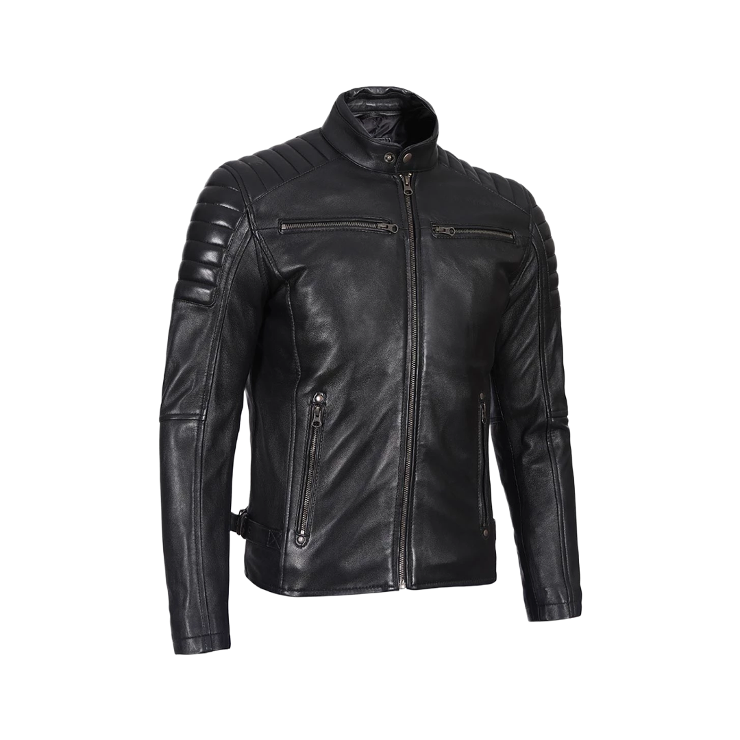 Men's Black Cafe Racer Padded Shoulders Real Leather Jacket