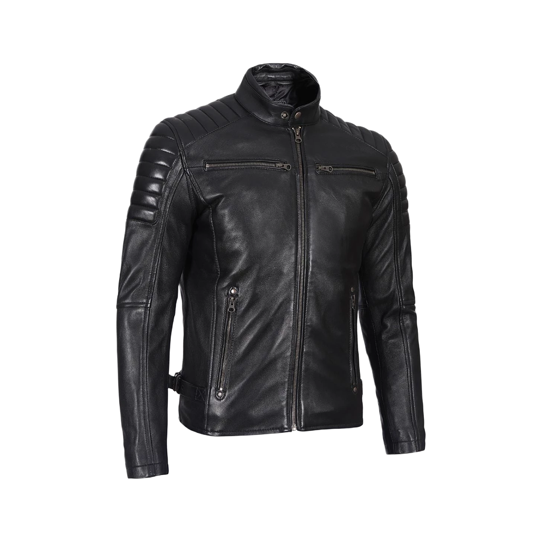 Men's Black Cafe Racer Padded Shoulders Real Leather Jacket