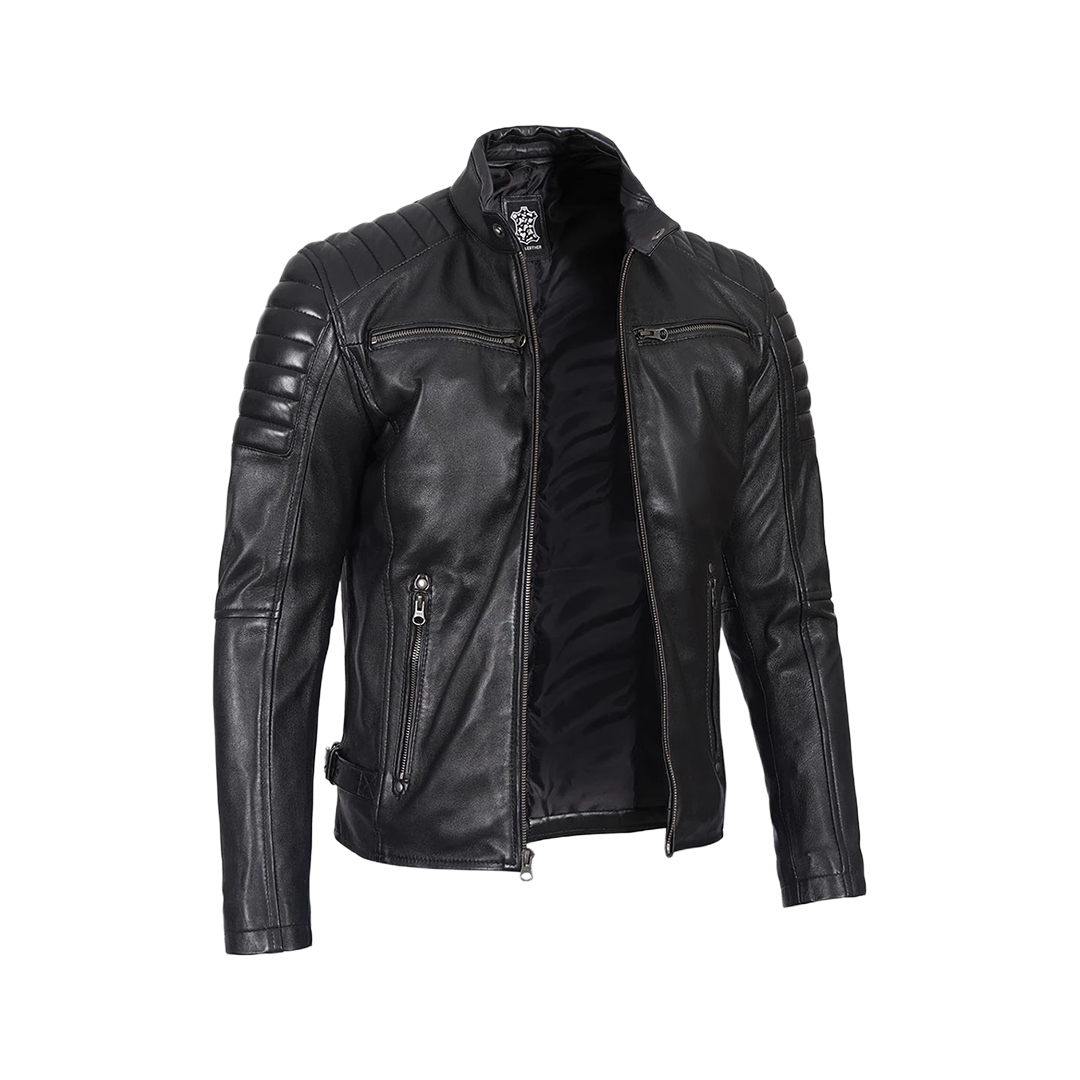 Men's Black Cafe Racer Padded Shoulders Real Leather Jacket