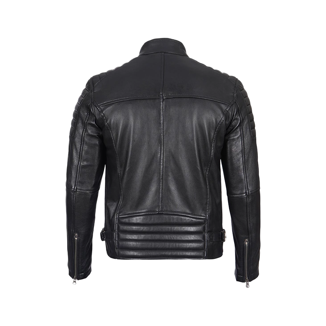Men's Black Cafe Racer Padded Shoulders Real Leather Jacket
