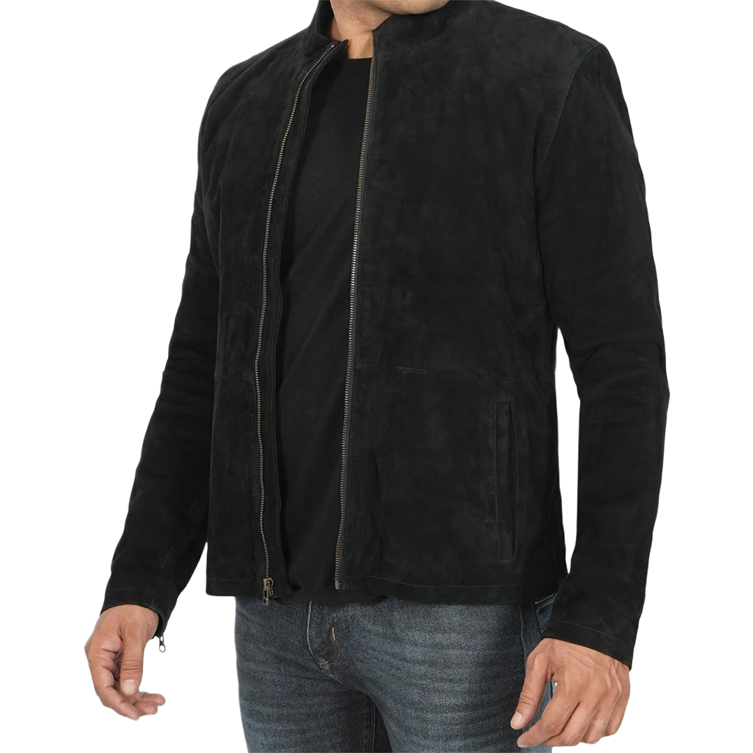 Men's Black Cafe Racer Suede Jacket