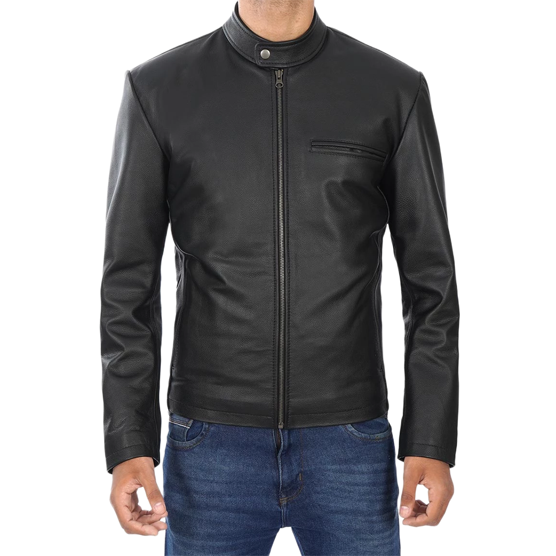 Men's Black Cowhide Leather Cafe Racer Jacket