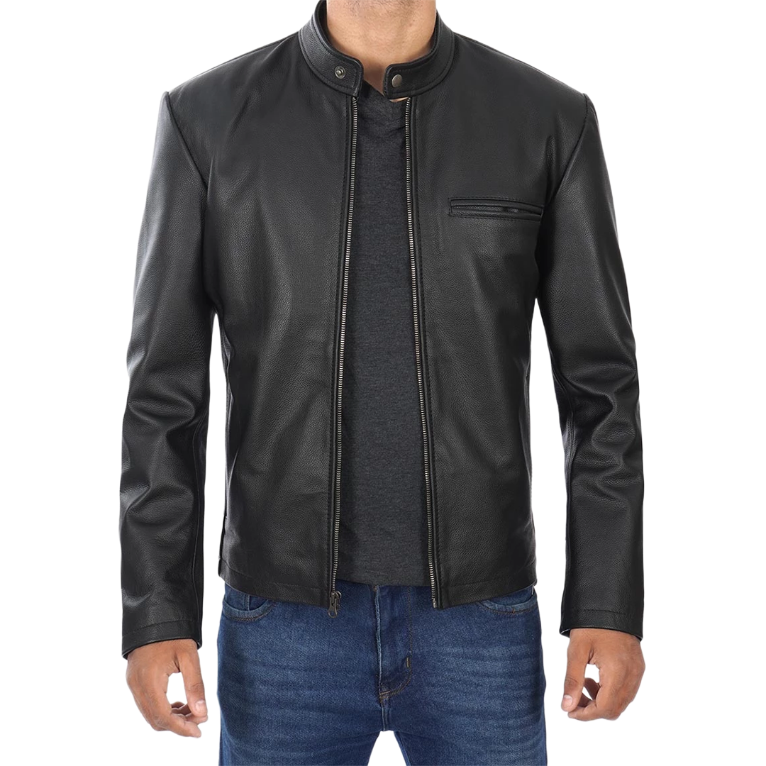 Men's Black Cowhide Leather Cafe Racer Jacket