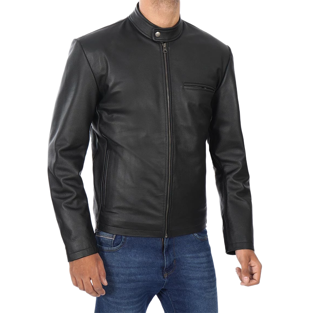 Men's Black Cowhide Leather Cafe Racer Jacket