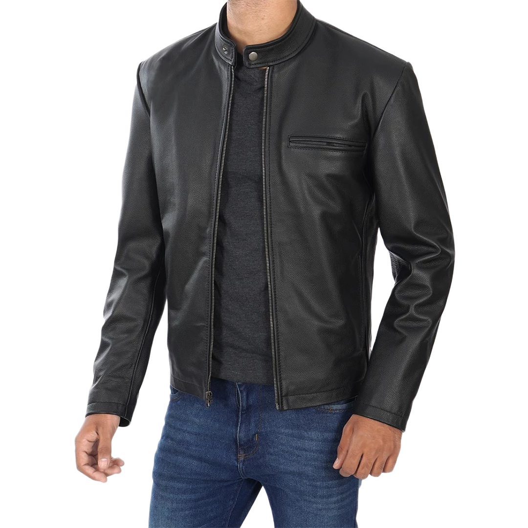 Men's Black Cowhide Leather Cafe Racer Jacket