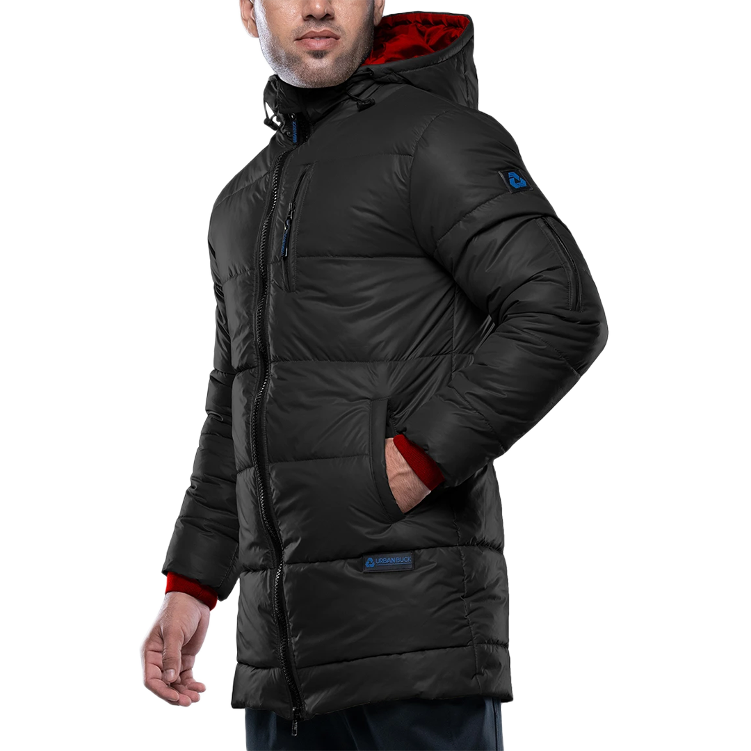 Men's Black Hooded 3/4 Length Insulated Parka – Winter Puffer Jacket