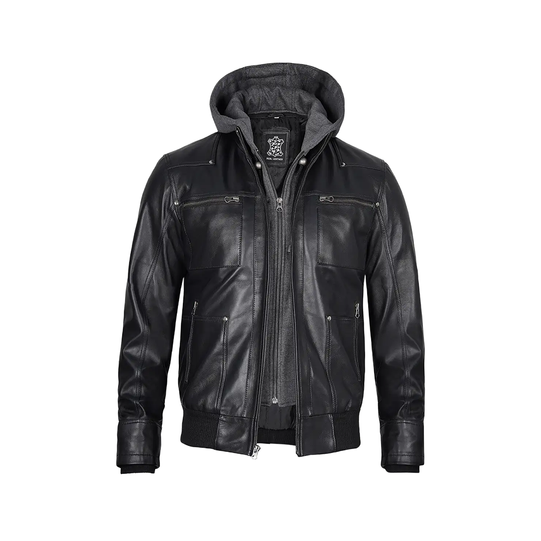 Men's Black Leather Jacket With Removable Hood
