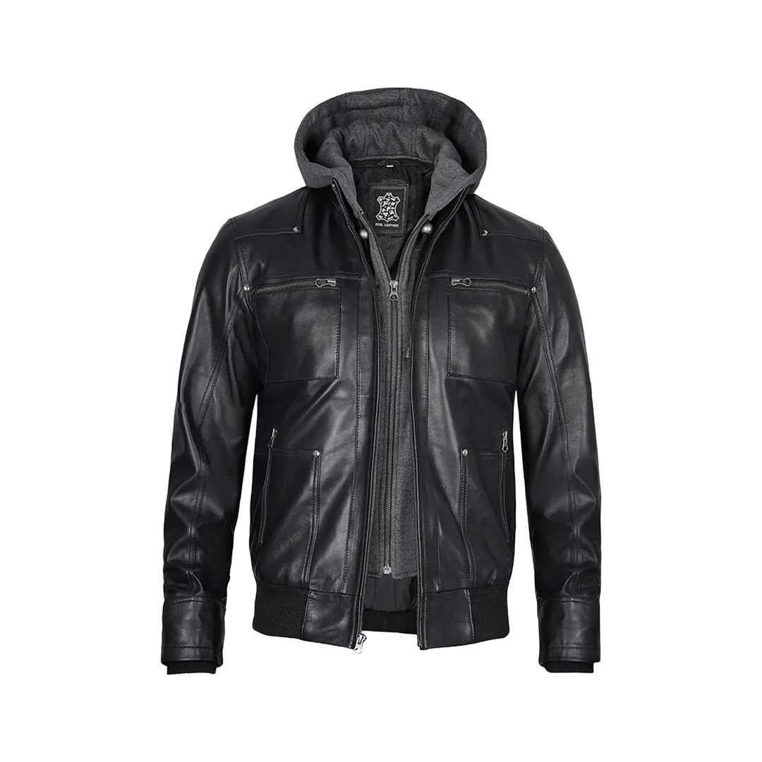 Men's Black Leather Jacket With Removable Hood