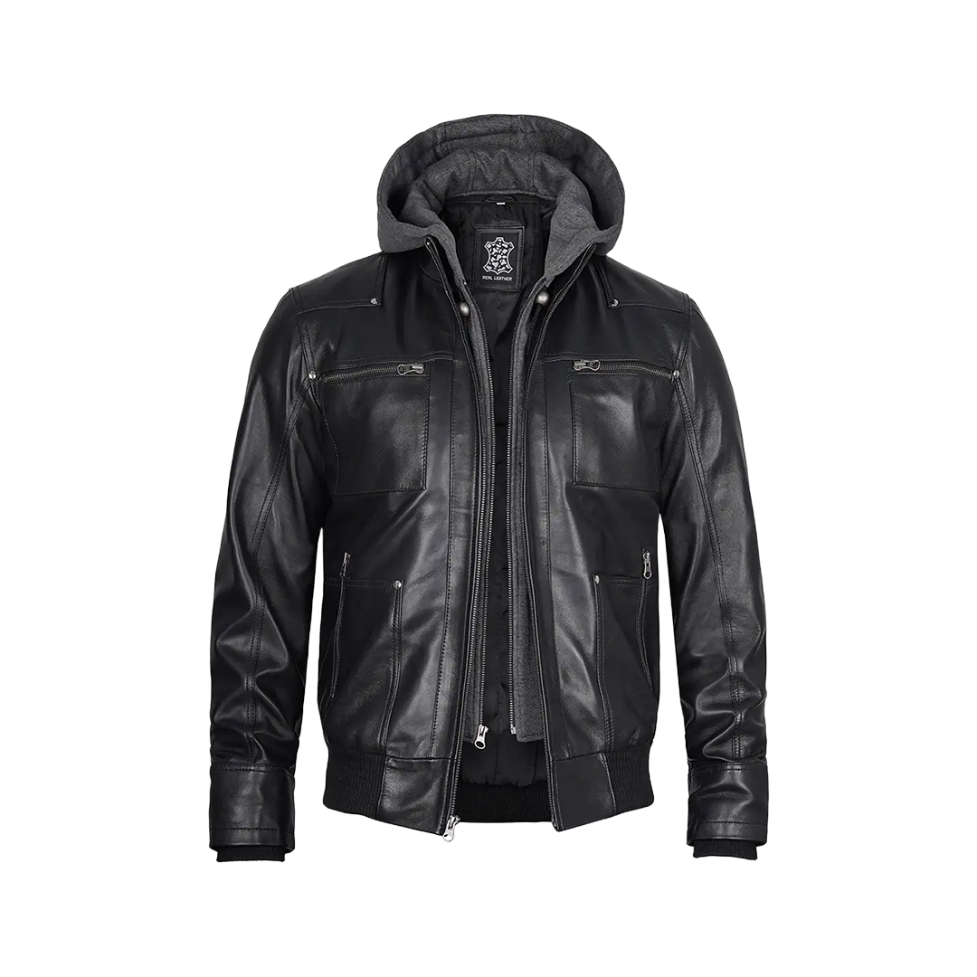 Men's Black Leather Jacket With Removable Hood