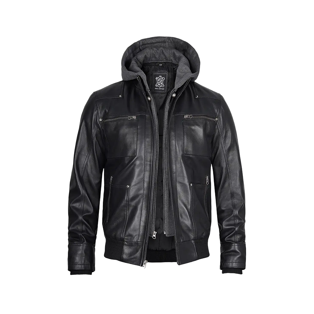 Men's Black Leather Jacket With Removable Hood