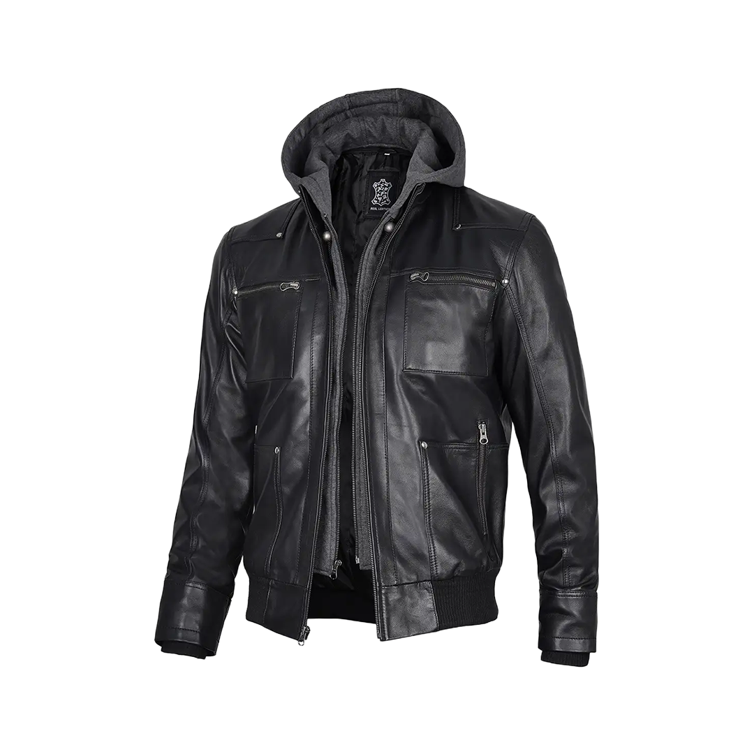 Men's Black Leather Jacket With Removable Hood